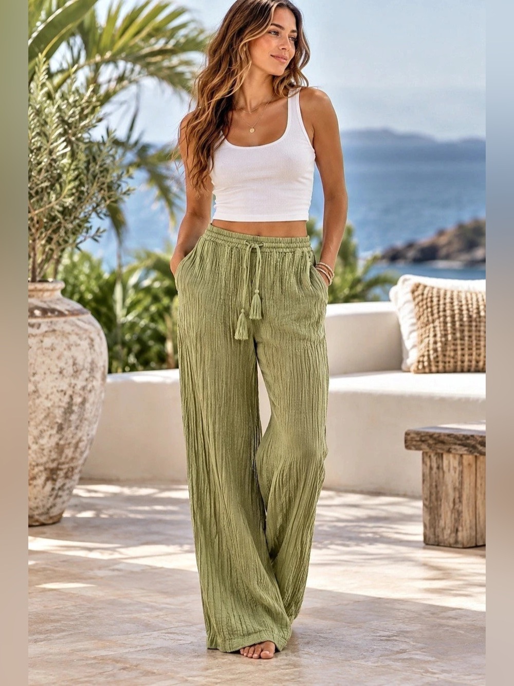 Monday Swimwear Belize Pant Pond Crinkle Linen Wide Leg Size V Coastal Bohemian